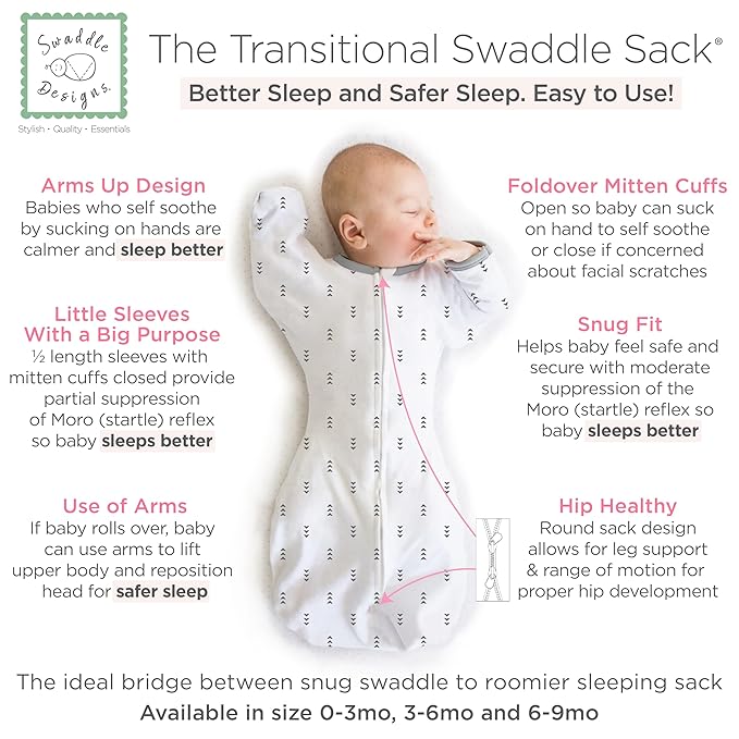 SwaddleDesigns Transitional Swaddle Sack, Arms Up Half-Length Sleeves & Mitten Cuffs, Swaddle for Newborn Transition to Baby Sleep Sack Wearable Blanket, Large, 6-9 Month, 21-24 lb, Tiny Arrows
