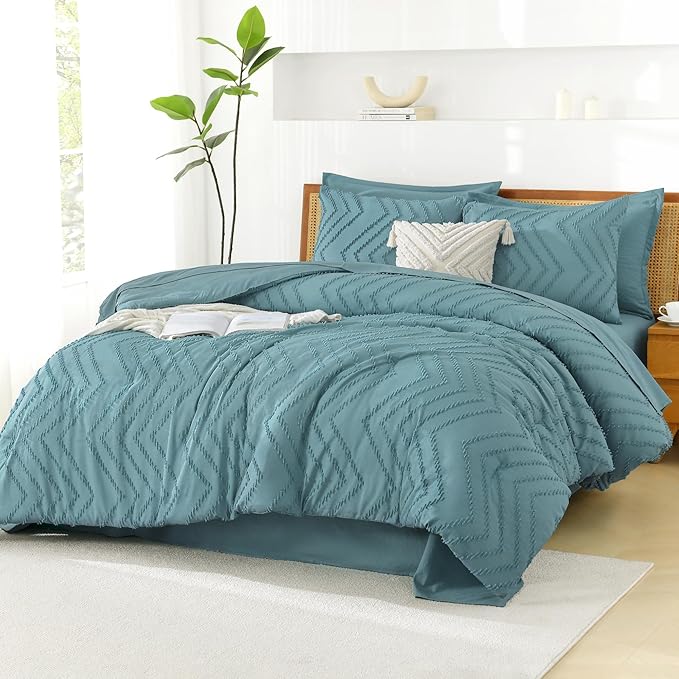 Litanika Super King Size Comforter Set with Sheets Grayish Teal - 7 Pieces Bed in a Bag Oversized King Boho Tufted Complete Bedding Sets with Comforter, Sheets, Pillowcases & Shams