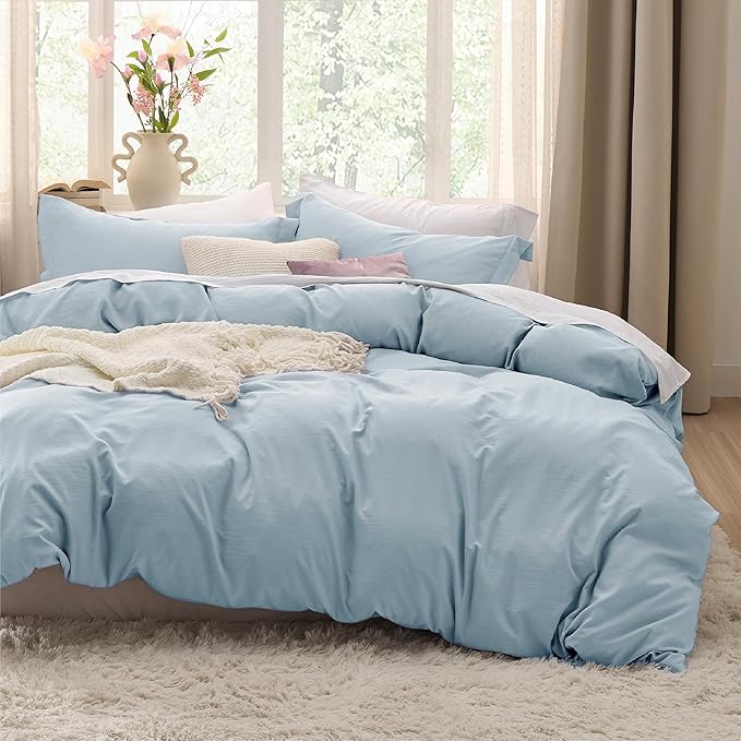 Bedsure Sky Blue Duvet Cover Full Size - 3 Pieces Prewashed Extra Soft Cotton-Like Polyester Bedding Set, Includes 1 Duvet Cover 80x90 Inches with Zipper Closure & 2 Pillow Shams, No Comforter