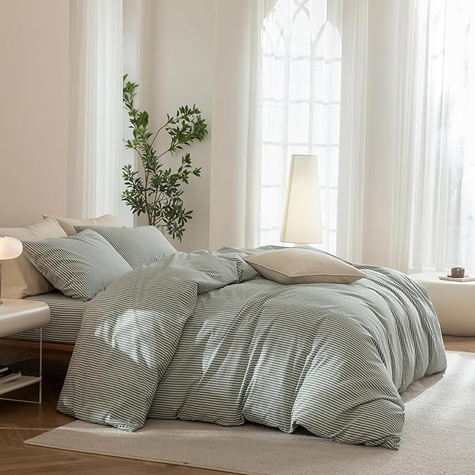 JIYUAN 100% Washed Cotton Striped Duvet Cover Set 3 Pieces Queen, 1 Duvet Cover and 2 Pillowcases(Comforter Not Included),Linen Like Comfy and Breathable,Pinstripes - Green White