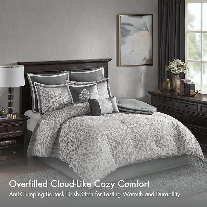 Madison Park Odette Cozy Comforter Set Jacquard Damask Medallion Design - Modern All Season, Down Alternative Bedding, Shams, Decorative Pillows, King(104 in x 92 in), Silver 8 Piece