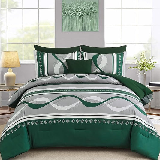Anibedding Dark Green Comforter Set King Size,8 Pieces Bed in a Bag Patchwork Striped Bedding Sets,Boho Soft Microfiber Bedding Set for All Season(104"×90")