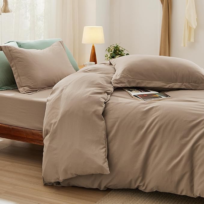 Bedsure Duvet Cover Full Size with Fitted Sheet - 4 Pieces Prewashed Cotton-Like Polyester Extra Soft Bedding Set, Includes 1 Duvet Cover 80x90 Inches, 2 Pillow Shams, 1 Fitted Sheet, Deep Beige