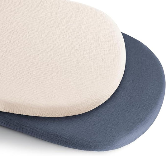 Konssy 2 Pack Muslin Bassinet Sheets for Boys, Girls, 100% Cotton Soft Breathable Fitted Bassinet Mattress Sheet, 32 x 16 inches (Navy,Cream)