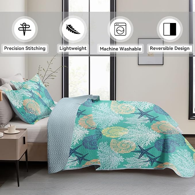 Tritard 3 Piece Coastal Quilt Sets Full/Queen Size - Reversible Microfiber Quilts with 2 Shams Soft Lightweight Beach Bedding Nautical Bedspread Coverlet Summer Comforter for All Season, 90''x96'', C3