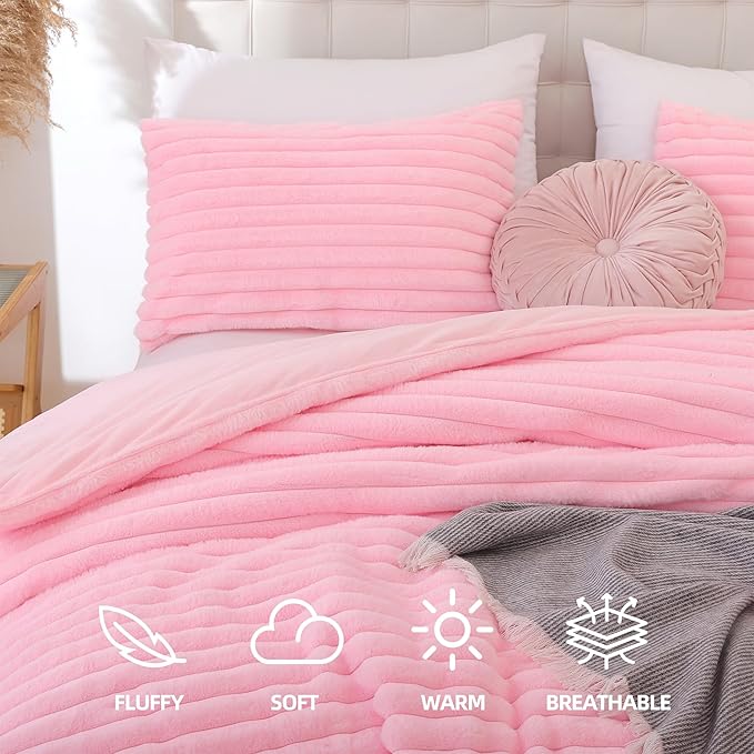 Smoofy Fluffy Full Size Comforter Sets 3 Pieces - Pink Fleece Fluffy Comforter Set, Luxury Fuzzy Full Bed Set, Soft Comforter Full Size All Season, Heavy Faux Fur Comforter with 2 Pillow Cases