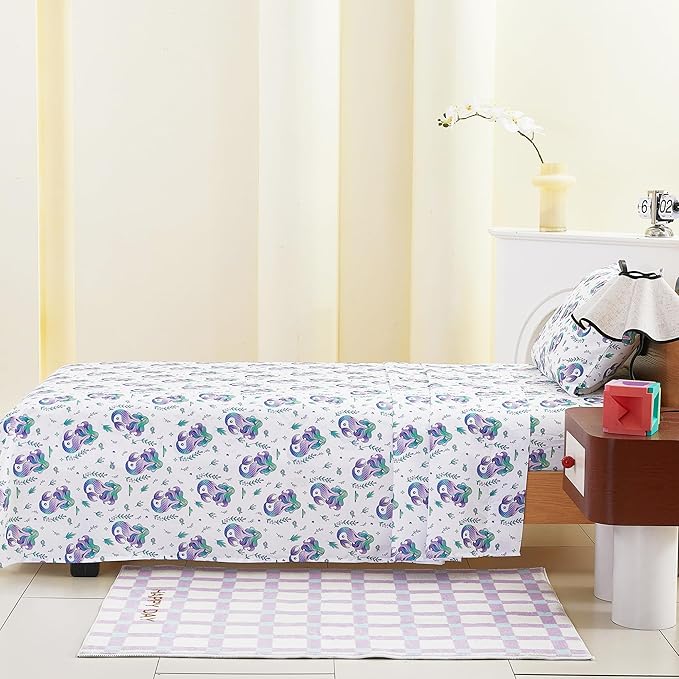 Kids Sheet Set Twin Size, Twin Sheet Set with Mermaid Pattern，Breathable Silky Soft Microfiber Kids Fitted Sheet