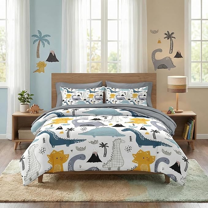 Nesker 5 Pcs Comforter Set Twin Size, Cute Dinosaur Bedding for Kids Teen, Blue Yellow Gray Dino Bedding Set with Pillowcase & Sham for Bedroom Bed Decor