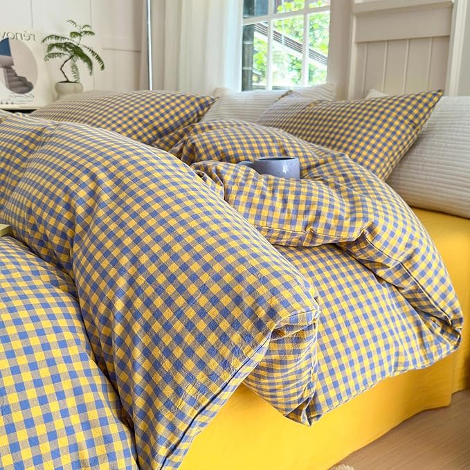 LifeTB Gingham Comforter Set Twin XL Modern Style Purple Yellow Plaid Comforter Set 3 Pieces Soft Fluffy Grid Checkered Pattern Comforter with 2 Pillowcases Farmhouse Gingham Bedding Set Twin XL
