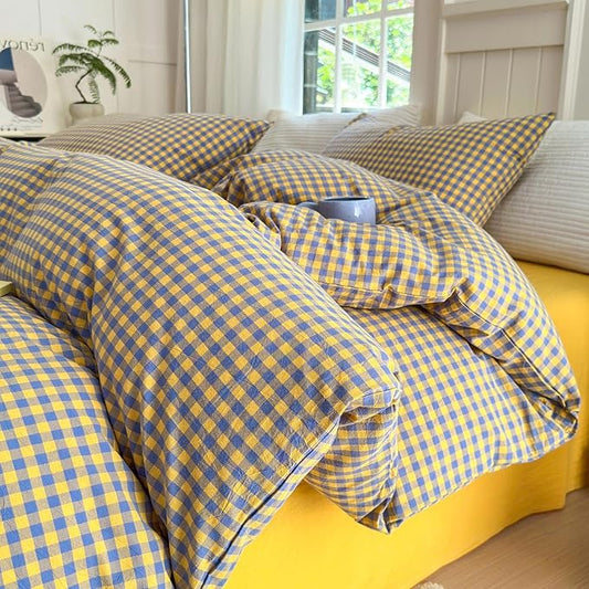 LifeTB Queen Comforter Set Purple Yellow Gingham Comforter Geometric Checkered Pattern Comforter Set Boho Grid Plaid Bedding Comforter Fluffy Soft Farmhouse Grid Bedding Set Queen Size Durable