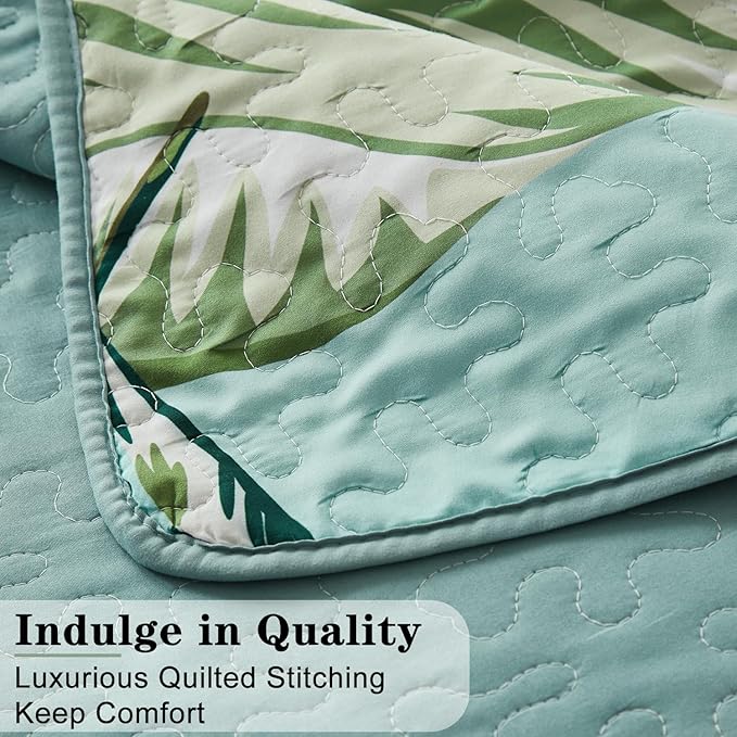 Yogeneg Queen Quilt Bedding Set,Green Pink Botanical Pattern Sky Blue Full/Queen Quilt Set,3 Piece Lightweight Soft Summer Bedspread Coverlet with 2 PIillow Shams,All Season(Sky Blue,90"x96")