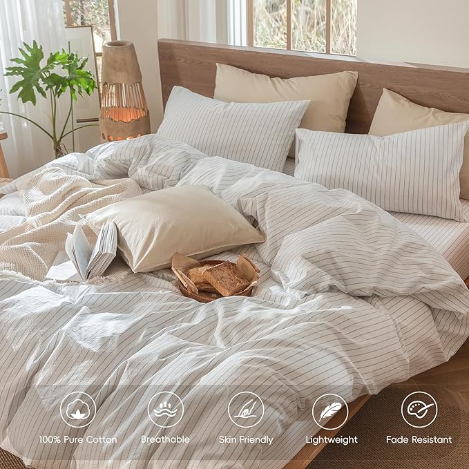 MooMee Striped Duvet Cover Set 100% Washed Cotton Linen Like Textured Breathable Durable Soft Comfy (White Cornflower Blue Wide Stripes, Cal King 104"x98")