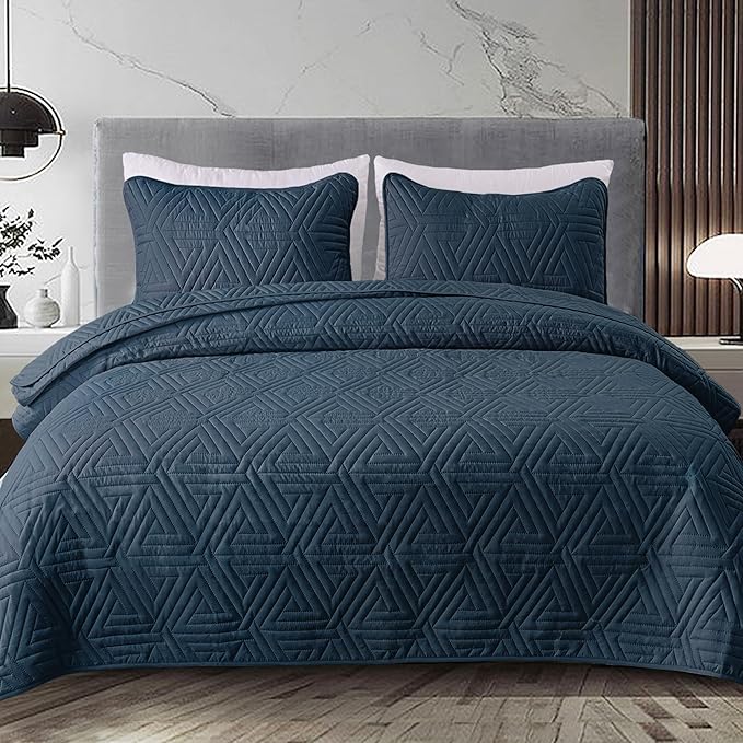 Whale Flotilla Soft King Size Quilt Set for All Seasons, 3-Piece Ultrasonic Geometric Quilts Bedding Set, Lightweight Reversible Bedspread, Coverlet, Bed Cover with 2 Pillow Shams, Navy