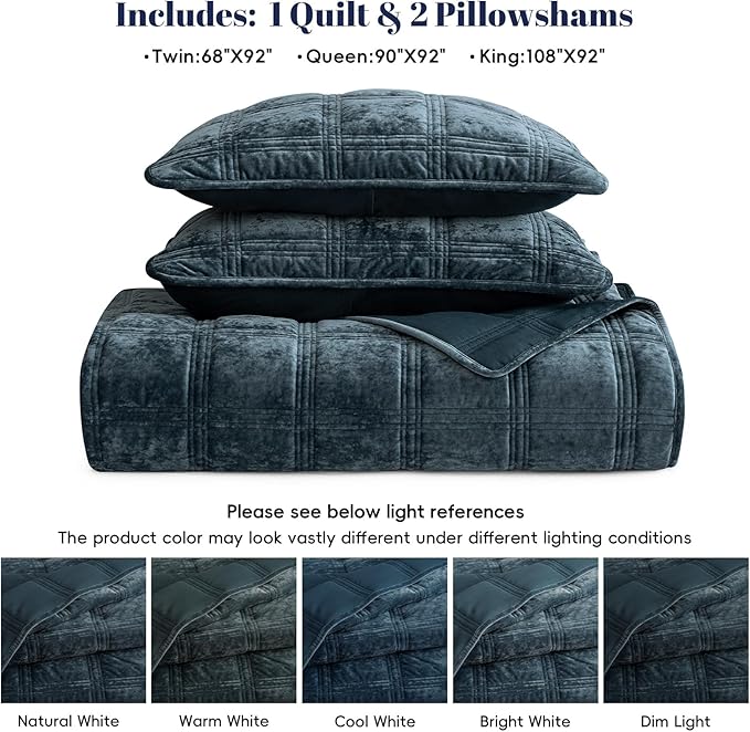 PHF Ultra Soft Velvet Quilt Set Queen Size – 3PCS Luxurious Cozy Quilted Comforter Alternative with Diamond Pattern, Warm Quilted Bedspread Coverlet, 90" x 92", Stormy Blue