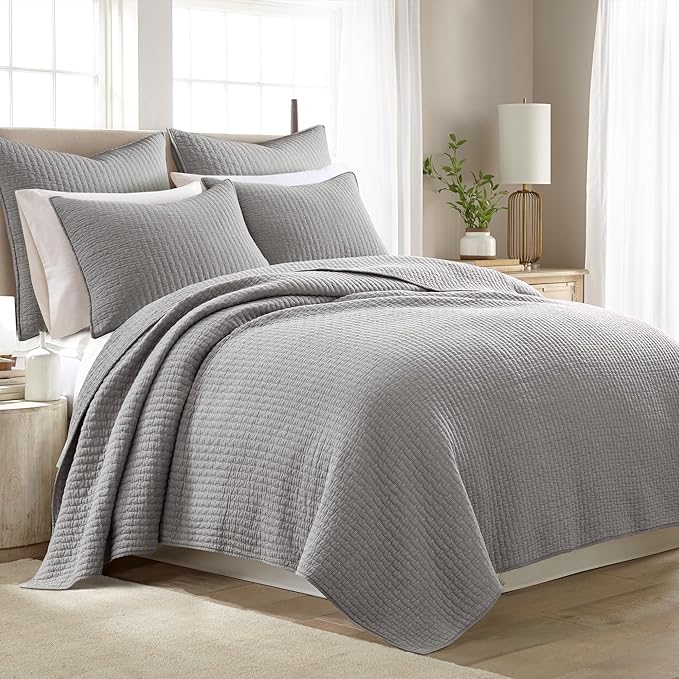 Levtex Home Cross Stitch Reversible Twin XL/Twin Quilt Set (68x86in) and 1 Pillow Sham (26x20in) - Stitch Texture - Light Grey - Cotton Twin/Twin Size Quilt Bedding Set - Lightweight Soft Pre-Washed
