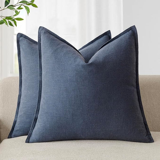 Foindtower Pack of 2, Decorative Linen Soild Throw Pillow Covers Soft Accent Square Cushion Case Boho Farmhouse Pillowcase for Chair Couch Sofa Bedroom Living Room Home Decor 26 x 26 Inch Navy Blue