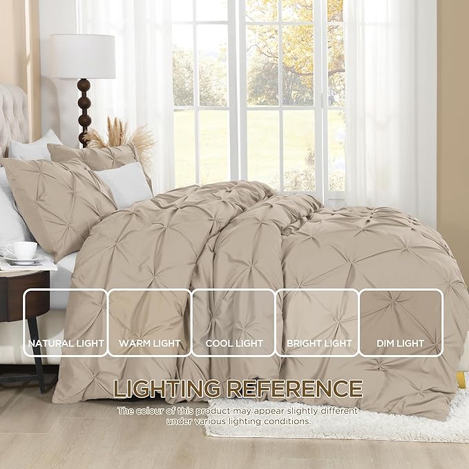 Litanika Khaki Pinch Pleat Duvet Cover King(104x90Inch), 3 Pieces(1 Duvet Cover, 2 Pillowcases) Luxurious Pintuck Bedding Set, Soft Microfiber Duvet Cover with Zipper Closure & Corner Ties