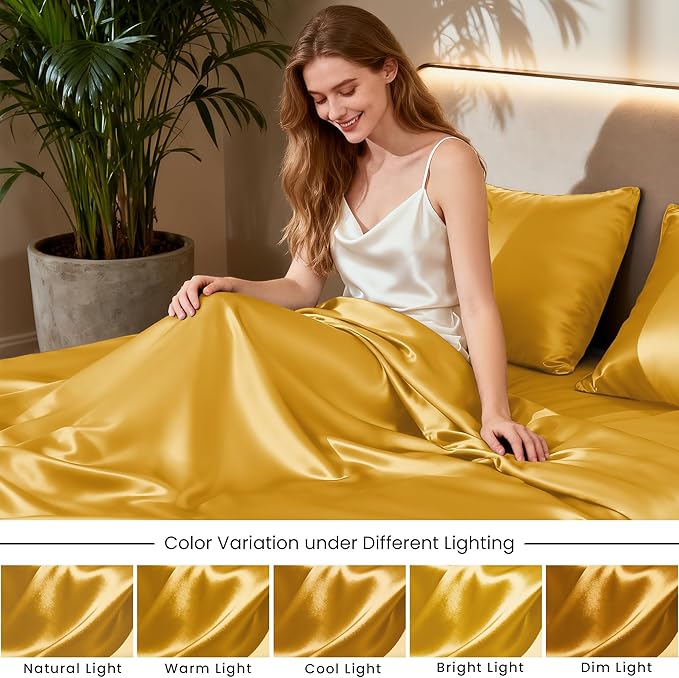 Love's cabin 4Piece California King Satin Bed Linen Set, Gold Silky Satin Sheets, Deep Pocket, Luxury Silk Feel, 1 Flat, 1 Fitted Sheet, 2 Pillow Cases