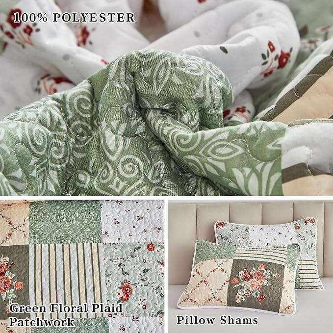 Patchwork Quilt Set King Size, 3 Pieces Green Floral Plaid Summer Bedspread Coverlet Set, Soft Microfiber Reversible Lightweight Bed Cover for All Season (102" x 90", 1 Quilt+ 2 Pillow Shams)