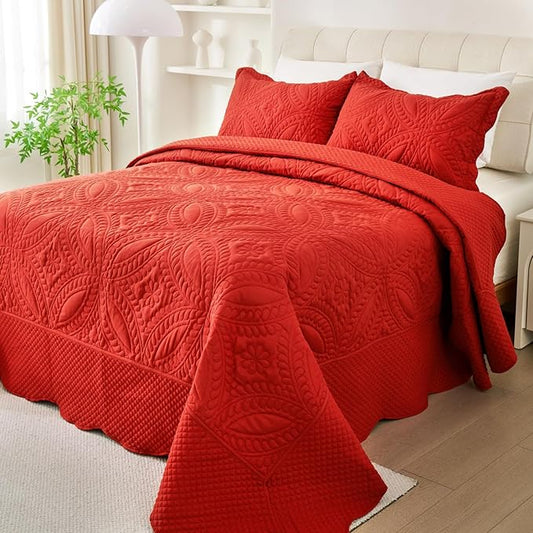 Cmfshape King Bedspread 106"x96",3 Piece King Quilt with 2 Shams,Lightweight Red Quilt Set for All Season,Modern Coin Pattern Bedding Set(1 Quilt,2 Pillowshams)