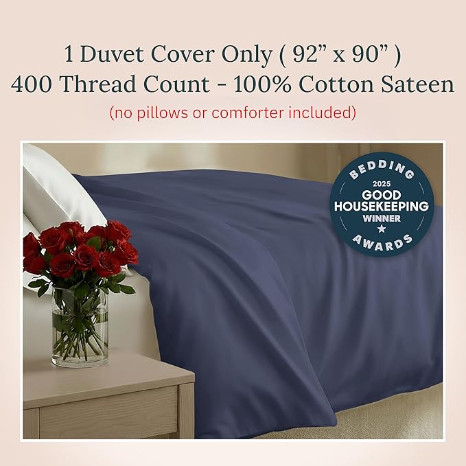 California Design Den 100% Cotton Duvet Cover Queen/Full Only - Winner Good Housekeeping Best Bedding Awards 2025, Premium 400 Thread Count Sateen, Button Closure & Corner Ties - Indigo Dusty Blue