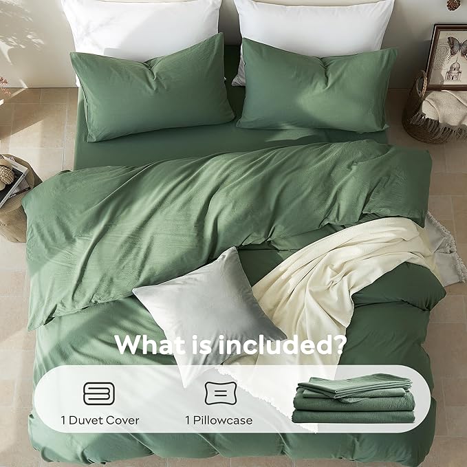 JELLYMONI Duvet Cover Twin Size - Washed Cotton Comforter Cover with Linen-Like Texture,Breathable & Soft Bedding for Modern Home,Guest Room and Everyday Use,Dusty Green 1 Duvet Cover & 1 Pillowcase
