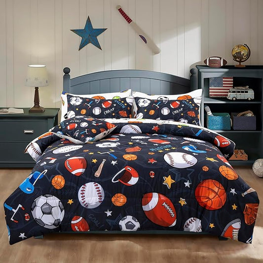 A Nice Night Boys Rugby Balls Comforter Set 6-Piece Bed-in-a-Bag with Sheet Set, Twin Size Polyester Bedding Collections for Kids, Durable & Easy Care, Sports Theme Design for Boys Bedroom