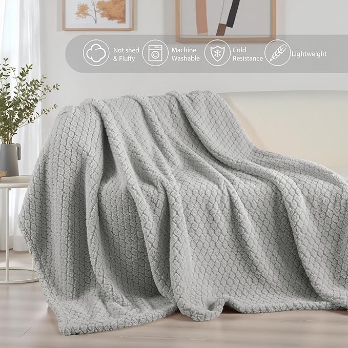 Exclusivo Mezcla Queen Size Fleece Blanket for Bed, Extra Soft Warm Decorative Fuzzy Blanket for Women, Lightweight Cozy Bedding Blankets, 90x90 Inches, Light Grey