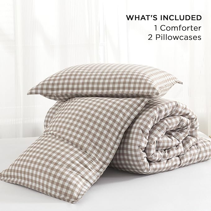 Andency Tan Checkered Comforter King(104x90Inch), Plaid Gingham Buffalo Grid Bedding Comforter Sets for Boys Kids Teens, 3 Pieces Lightweight Microfiber Geometric Preppy Bed Set