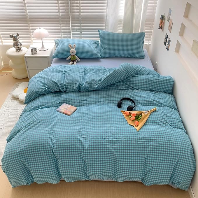 LifeTB Blue Gingham Comforter Set Full Modern Style Blue Grey Plaid Grid Comforter 3 Pieces Farmhouse Checkered Pattern Comforter with 2 Pillowcases Soft Fluffy Gingham Bedding Set Breathable