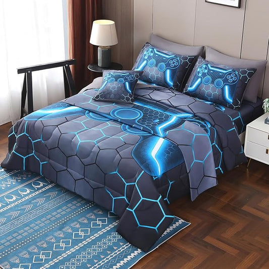 JQinHome Twin Gamer Comforter Set 6 Piece Bed in A Bag for Boys,3D Video Game Bedding -All Season Soft Microfiber Down Alternative Comforter Gamer Bedding Sets for Kids (Blue)