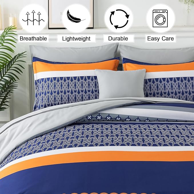 8 Pieces Bed in a Bag Stripe Comforter Set King Size,Blue Patchwork Striped Comforter with Sheets Set Soft Microfiber Boho Bedding Sets (Blue,Grey)