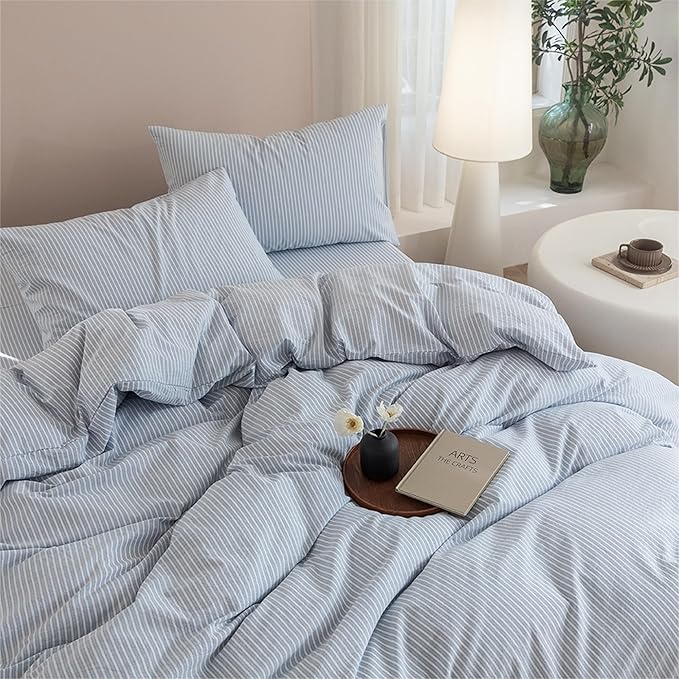 JIYUAN 100% Washed Cotton Striped Duvet Cover Set 3 Pieces Queen, 1 Duvet Cover and 2 Pillowcases(Comforter Not Included),Linen Like Comfy and Breathable,Pinstripes - Cornflower Blue White