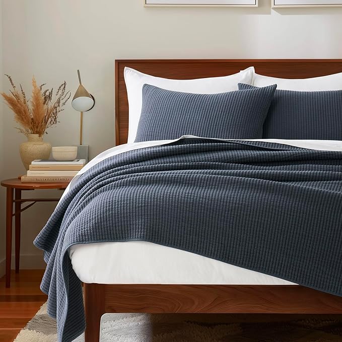 EVERGRACEHOME Cotton Coverlet Set King Size 3 Pieces, Lightweight Soft Ribbed Matelassé Bedspread Quilt Set, Cozy Oversized Quilted Bedding Set with 2 Pillow Shams for All Seasons, Midnight Blue