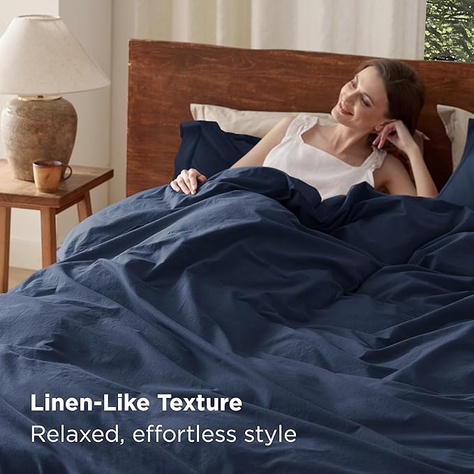 Bedsure 100% Washed Cotton Duvet Cover Oversized King Size - Navy Minimalist Cotton Duvet Cover Linen Like for All Seasons - GentleSoft™ Plain Simple Bedding (Navy, Oversized King, 120"x98")