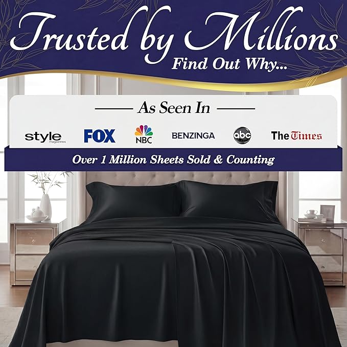 DECOLURE 100% Viscose Derived from Bamboo Sheets Full Size - Luxury 4 Pc Naturally Cooling Sheets, Ultra Soft Bed Set - Deep 17" Pockets, Durable Double Stitching, Oeko Tex Standard (Black)