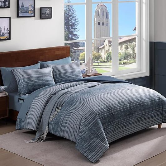 Queen Comforter Set Striped, Lake Blue Bedding Set 7 Pieces for Boys Girls Teen, All Season Bed in a Bag for Dorm with Sheets, Pillowcases & Shams