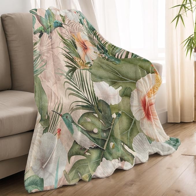 Colorful Hummingbird Blanket Lightweight Blankets Gifts for Adults Flannel Throw with Bird and Hibiscus Flower Printed for Sofa, Bed, Travel, Picnic, Office, Nature Decor Throws 80x60 Inch