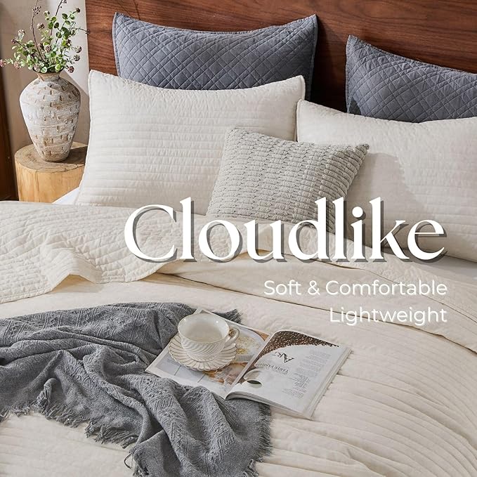 DOWN HOME Queen Quilt Bedding Set with Shams, Vintage Washed Soft Quilted Blanket Thin Comforter Lightweight Bedspread Coverlet Bed Cover, Brushed Microfiber Stripe Stitching, Linen White, 86"x90"