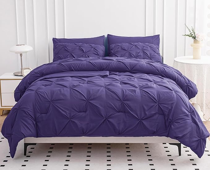 LANE LINEN King Comforter Set With Sheets - 7 Piece Pintuck Detailing Ready to Style Bed in a Bag - All Season Comforter, Sheets, Pillowcases & Shams - Clean & Apartment Friendly King Bed Set – Purple | Clean bed look, Light daily comfort, Soft sleep s...