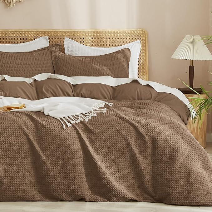 PHF Waffle Duvet Cover Set California King, No Snagging Soft Luxury Textured Breathable Comforter Cover for All Season 3pcs, Durable Bedding Duvet Set with 2 Pillow Shams, 104"x98", Mocha/Cocoa Brown