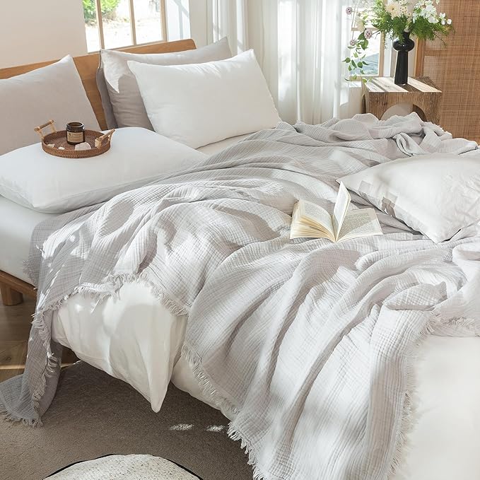 MooMee Muslin Blanket - 100% Cotton 4-Layer Gauze Throw Blanket with All-Around Fringe, Ultra-Soft Breathable Lightweight Cooling Decorative for Bed, Sofa & Couch (Light Grey,King 104" x 90")