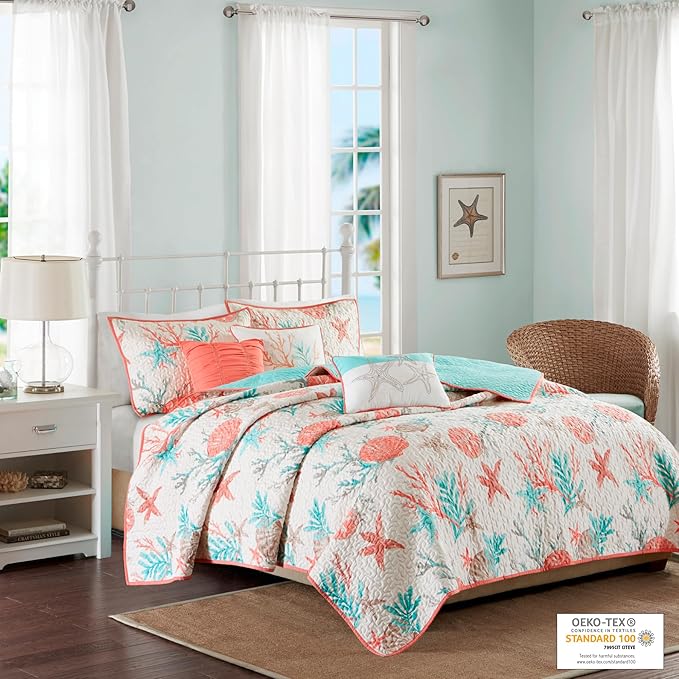 Madison Park Quilt Set Cottage Coastal Design, Starfish Print - All Season, Coverlet Bedspread Lightweight Bedding Layer, Shams, Toss Pillows, Full/Queen(90"x90"), Pebble Beach Coral 6 Piece