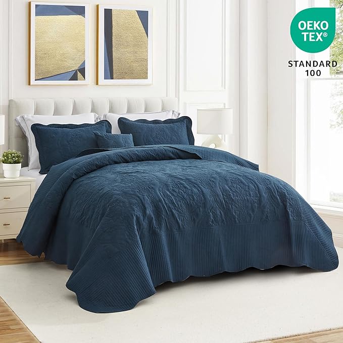 CHIXIN Oversized Bedspread Coverlet Set King Size - Lightweight Bedding Cover - Beautiful Stitching - 5 Piece Reversible Bedspread - Gorgeous Damask Paisley Pattern (King, Navy)