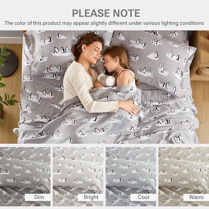 True North by Sleep Philosophy Cozy Flannel 100% Cotton Ultra Soft Cold Weather Sheet Set Bedding, Grey Penguins, King