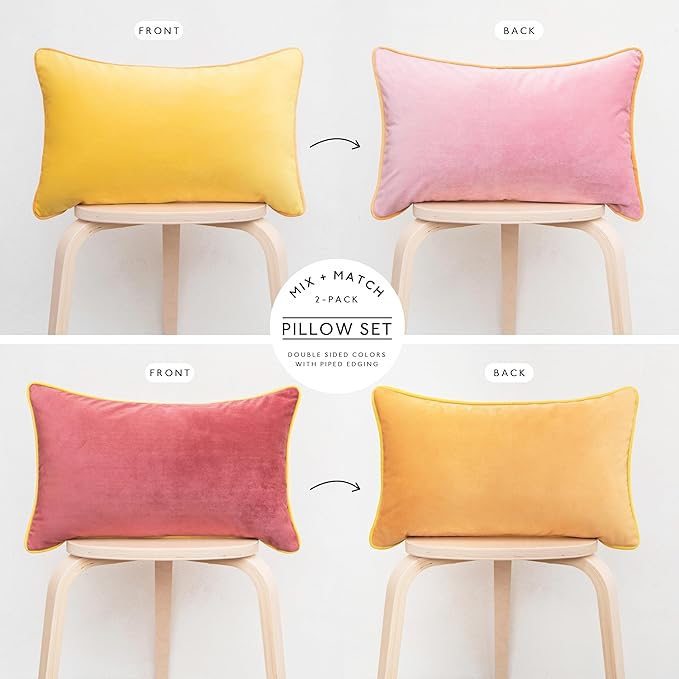MONDAY MOOSE Decorative Throw Pillow Covers Cushion Cases, Set of 2 Soft Velvet Modern Double-Sided Designs, Mix and Match for Home Decor, Pillow Inserts Not Included (12x20 inch, Yellow/Pink)