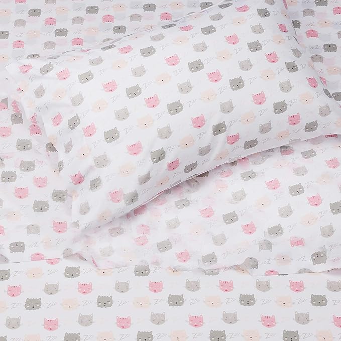 Amazon Basics Kid's Soft, Breathable, Easy-Wash Microfiber 3-Piece Sheet Set with Pillowcase, Twin, Peony Pink Kitties, Animal Print