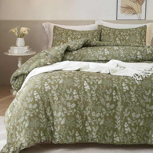 HighBuy Garden Floral Duvet Cover Twin XL Olive Green Botanical Cottagecore Bedding Comforter Cover for Twin XL Bed 3 Piece Cute Flower Bedding Set Easy Fit for Daughter Son Bedroom