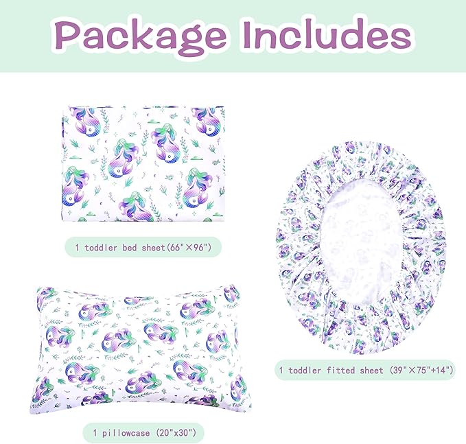 Kids Sheet Set Twin Size, Twin Sheet Set with Mermaid Pattern，Breathable Silky Soft Microfiber Kids Fitted Sheet
