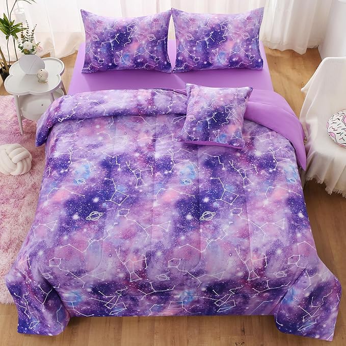 JQinHome Queen Gradient Galaxy Comforter Set for Girls,6 Piece Bed in A Bag 3D Colorful Tie Dye Constellation Print Ombre Bedding Set with Pillowcase, Flat & Fitted Sheet,Cushion Cover (Purple)